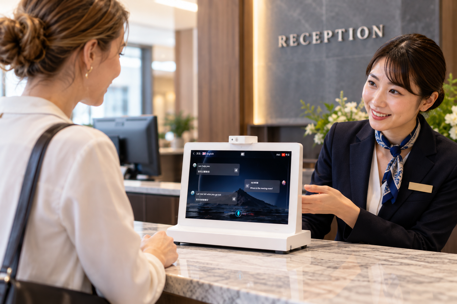 企業受付で活用されているAI翻訳機
